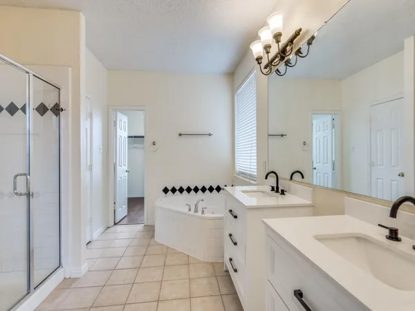 a bathroom with a sink a mirror and a shower