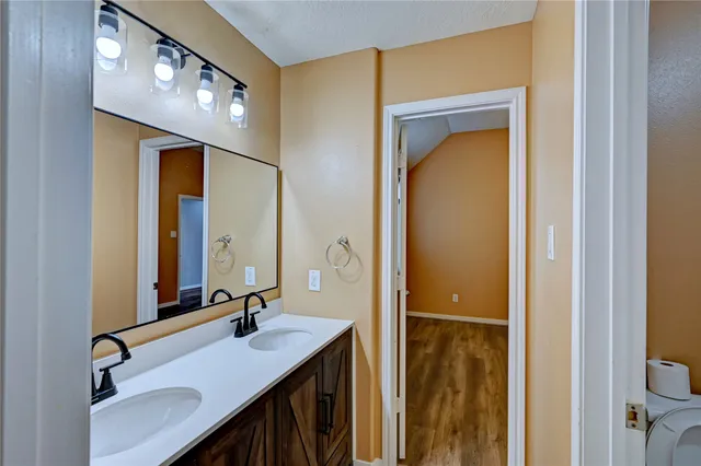 a bathroom with a sink vanity and a mirror