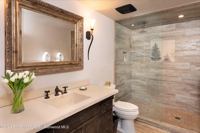 a bathroom with a sink vanity and toilet