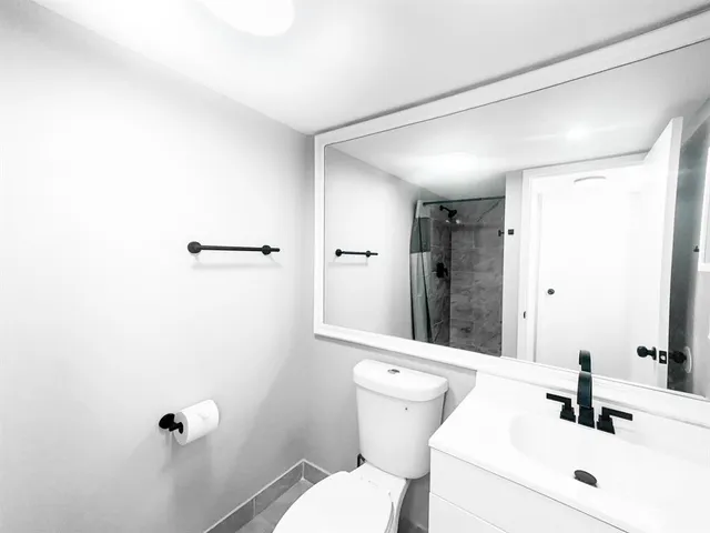 a bathroom with a shower and toilet