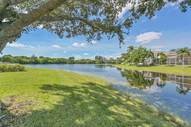 an aerial view of a house with a yard and a large tree