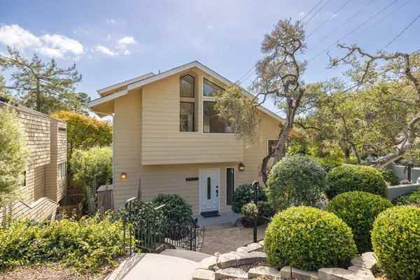 a front view of a house with lots of plants and trees