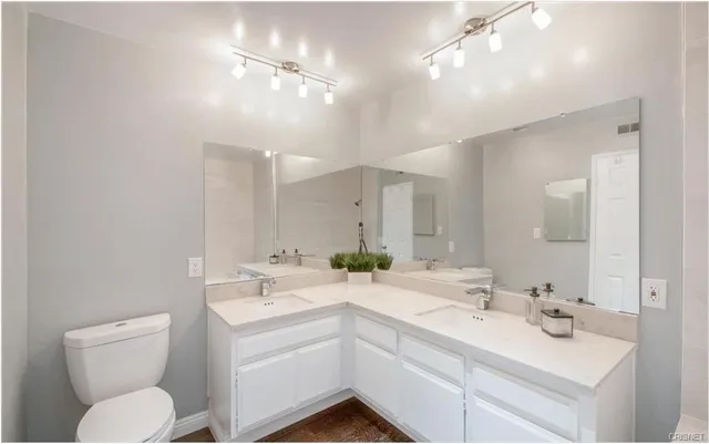a bathroom with a toilet a sink a mirror and vanity