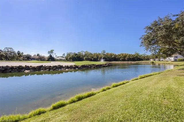 a view of a lake with houses in the background