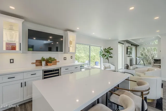 a living room with furniture a large white wooden floor and a potted plant