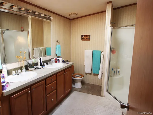 a bathroom with a double vanity sink and mirror with toilet