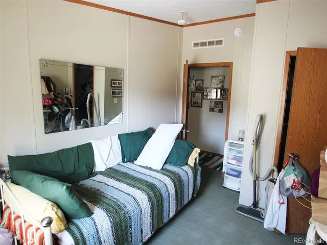 a bedroom with a bed and walk in closet