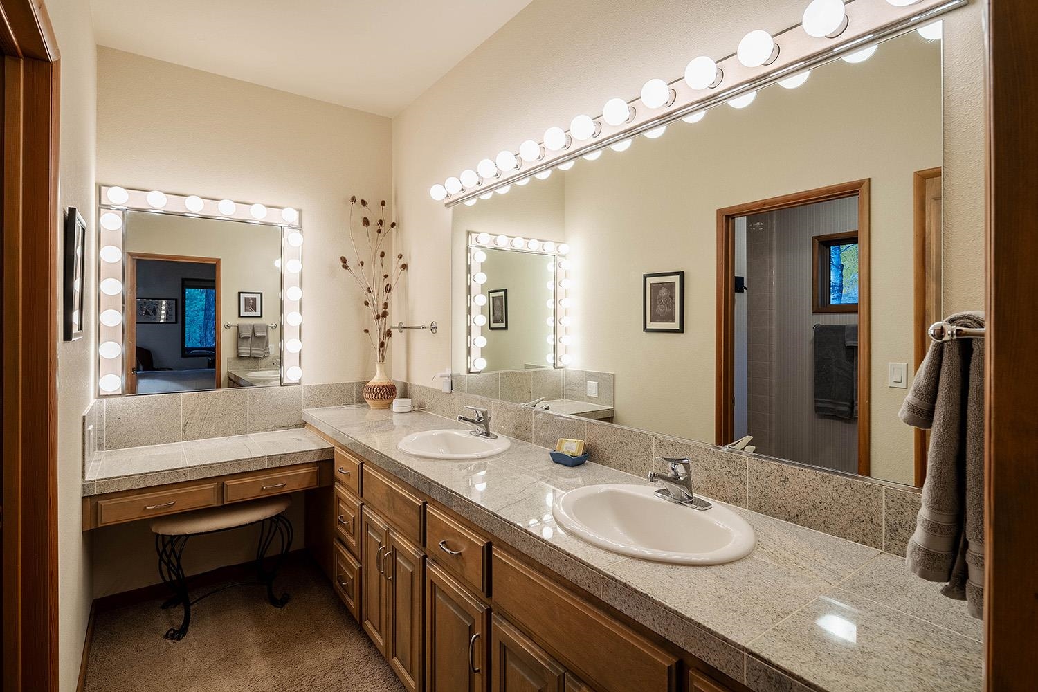 878 Deer Trail Clio, CA 96106 - Photo 15 of 21 a bathroom with a double vanity sink a mirror and a bathtub