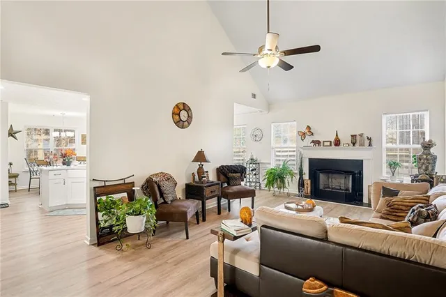 a living room with furniture and a fireplace