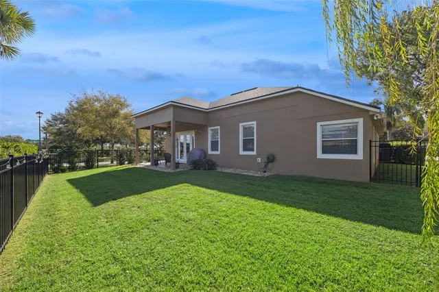 an aerial view of a swimming pool patio and mountain view