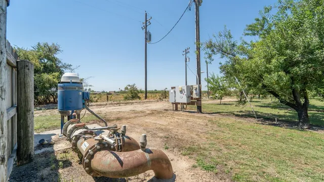 a view of a lake with chairs and palm tree