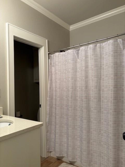 6896 Bethany Reed Circle Blanchard, LA 71107 - Photo 8 of 9 Bathroom featuring a shower with a patterned curtain, light-toned walls, crown molding, and a vanity with a light-colored countertop