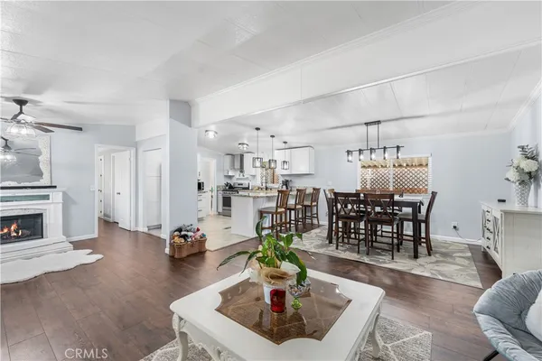 a living room with furniture and a dining table with kitchen view
