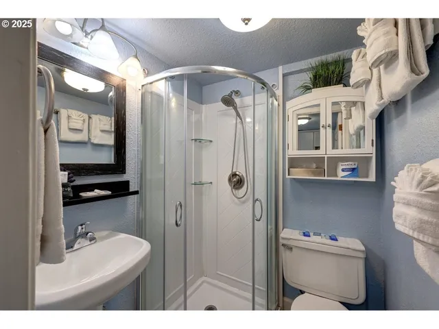 a bathroom with a sink vanity mirror and shower