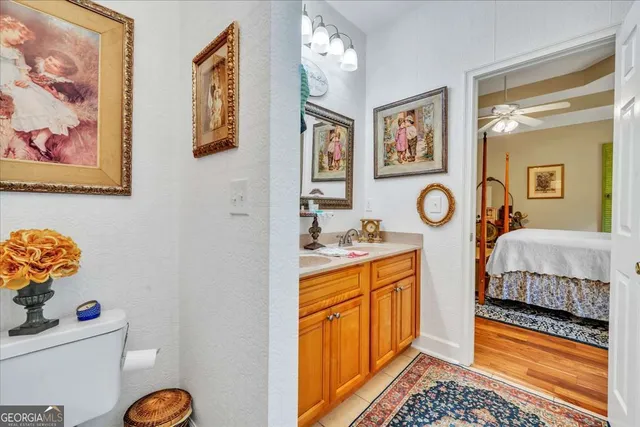 a bathroom with a sink mirror vanity and toilet
