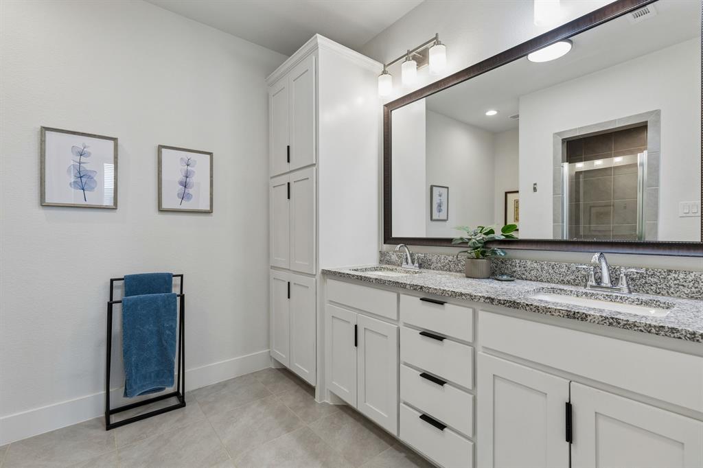 6527 Bowman Roberts Road Fort Worth, TX 76179 - Photo 19 of 27 Primary Bath With Dual Granite Vanities, Walk-In Closet, And Oversized Tile Shower