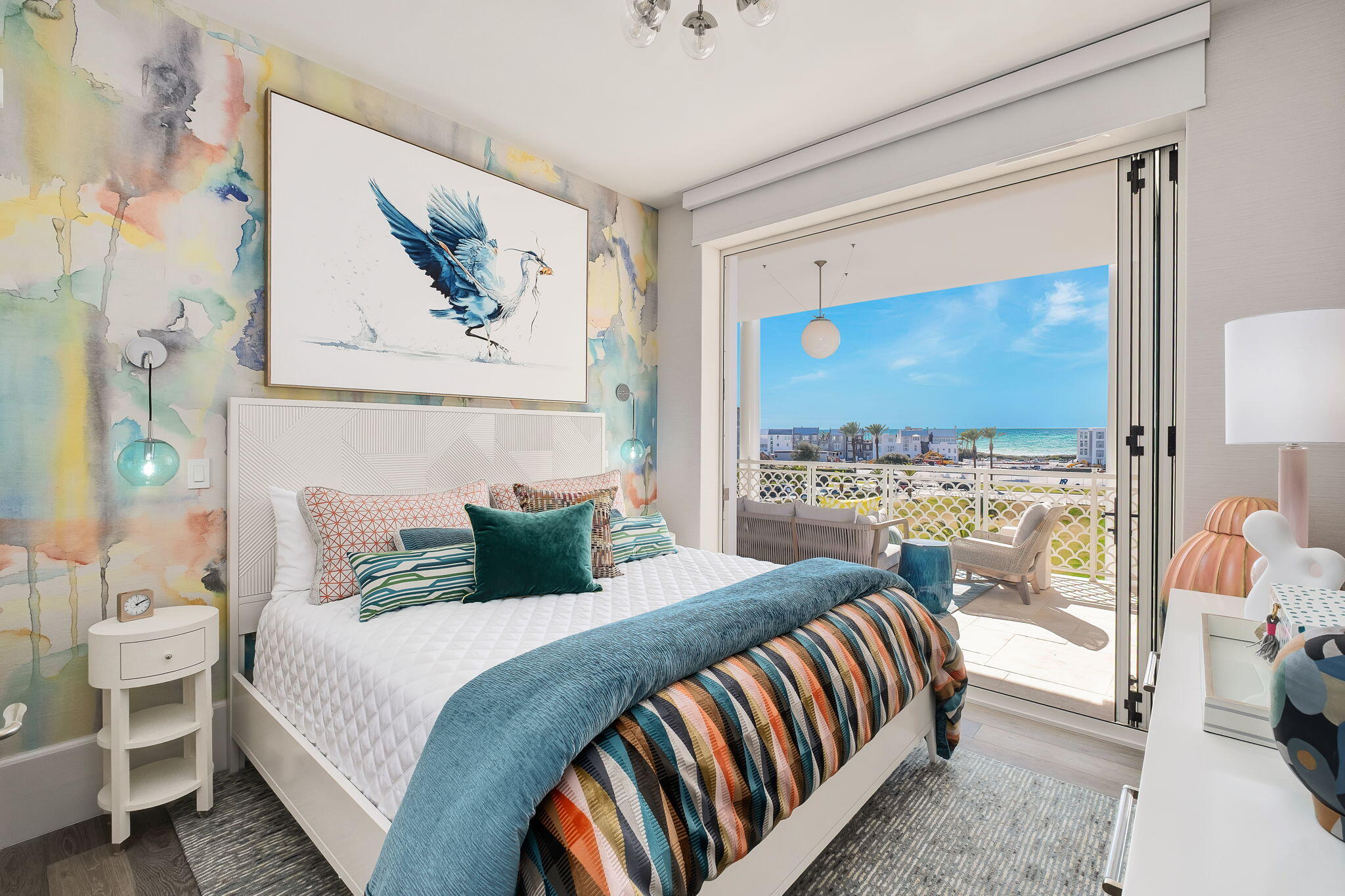 27 Admiralty Row, Unit 302 Alys Beach, FL 32461 - Photo 14 of 33 a bedroom with a bed and glass wall