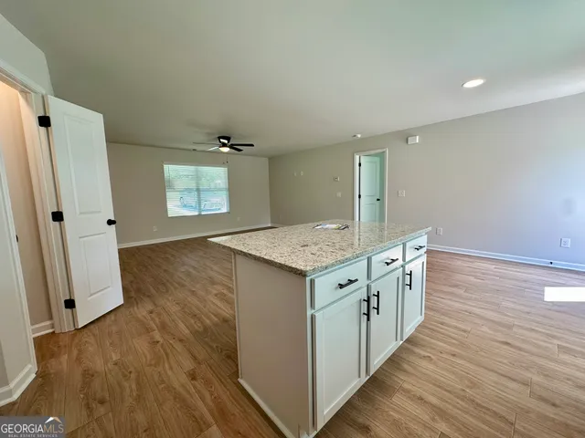 a kitchen with a sink and wooden floor