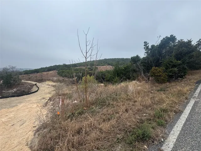 a view of a dry yard with wooden fence