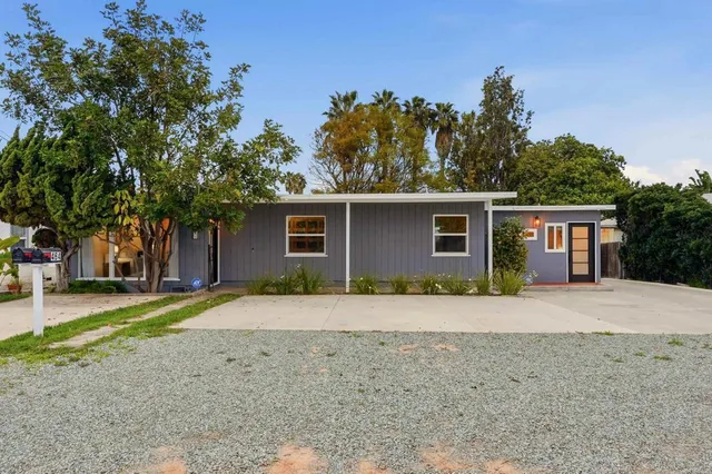 front view of a house with a patio