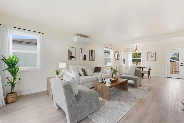 a living room with furniture and a potted plant