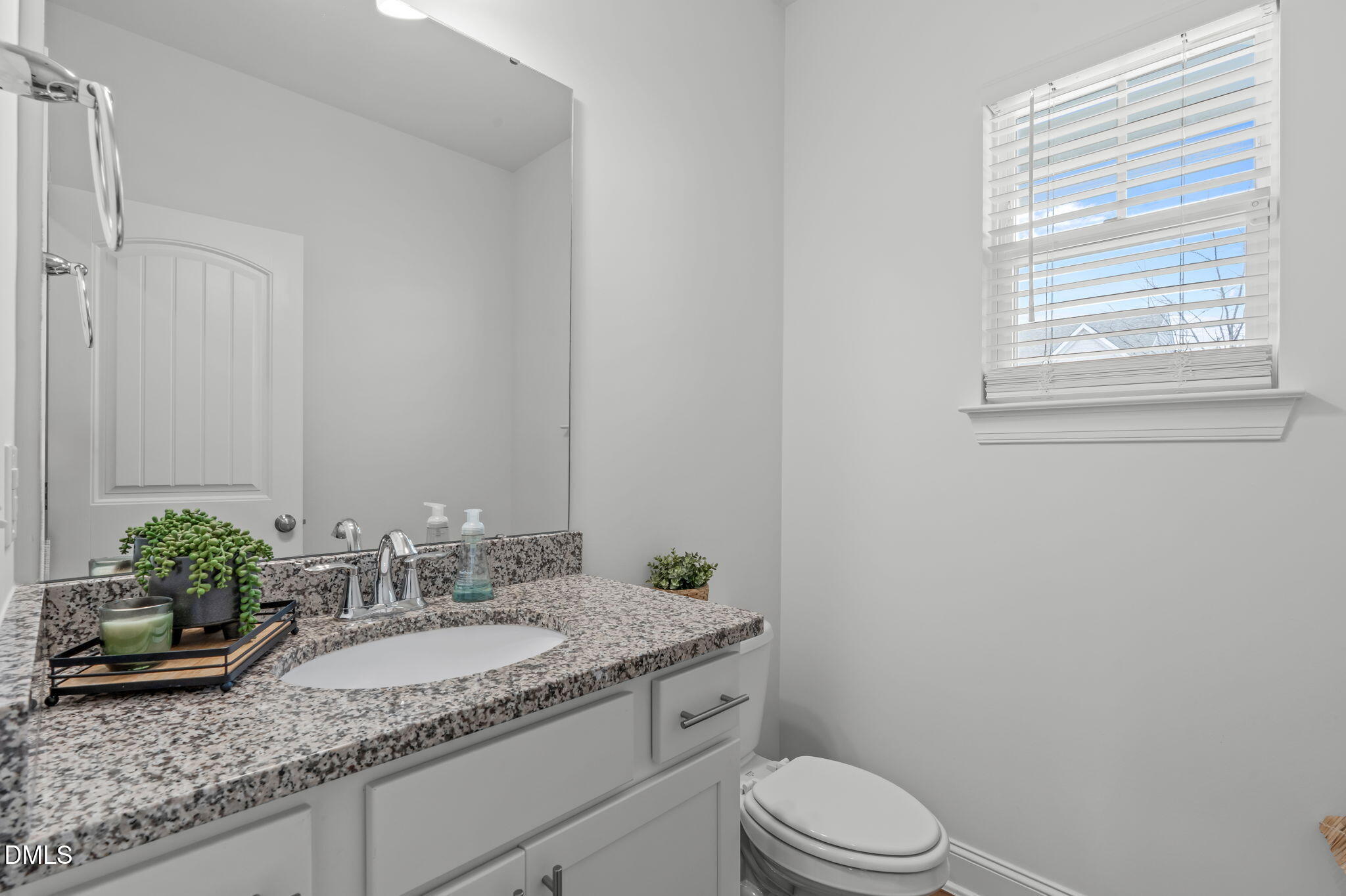 207 Marbella Grove Durham, NC 27713 - Photo 11 of 48 a bathroom with a granite countertop sink a toilet and mirror