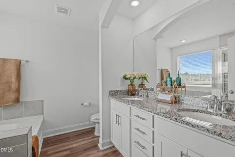 a bathroom with a double vanity sink a mirror and shower