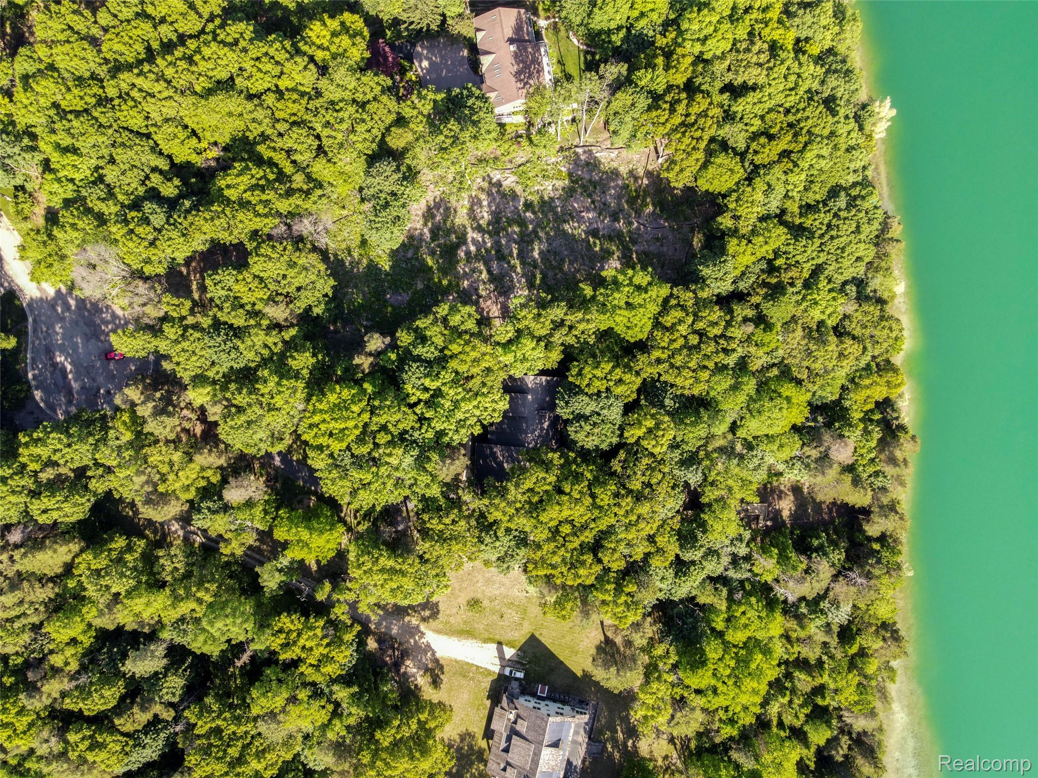 Aerial perspective of a lush, wooded waterfront property
