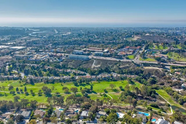 an aerial view of a house with a yard and potted plants