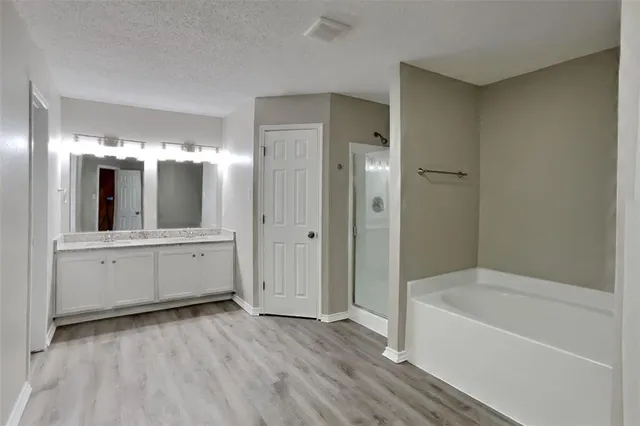 a bathroom with a tub shower sink and mirror