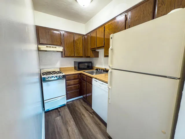a kitchen with a refrigerator a stove top oven a sink and dishwasher
