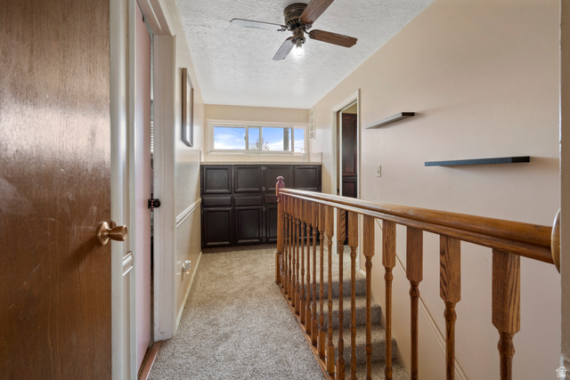 165 Pheasantbrook Drive Centerville, UT 84014 - Photo 14 of 30 Hall featuring a textured ceiling, light colored carpet, and an upstairs landing