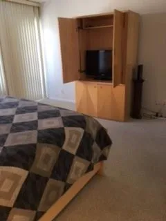 a living room with a bed furniture and a flat screen tv