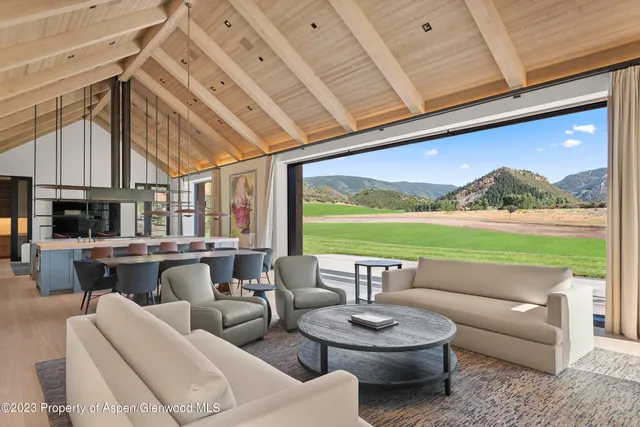 a living room with furniture a fireplace and garden view