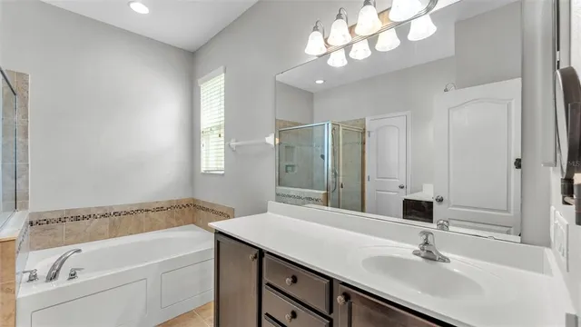 a bathroom with a sink a tub and a mirror