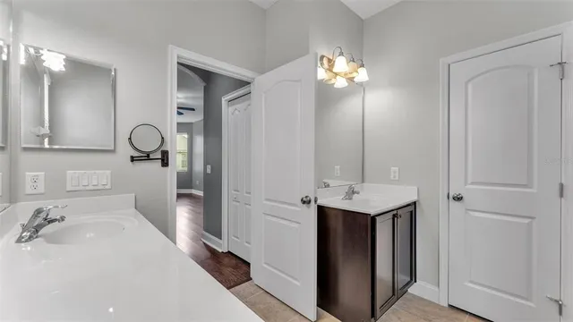 a bathroom with a sink vanity and a mirror