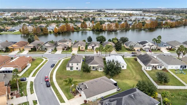 an aerial view of a swimming pool