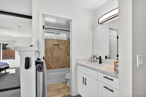 a bathroom with a bathtub shower sink vanity and mirror