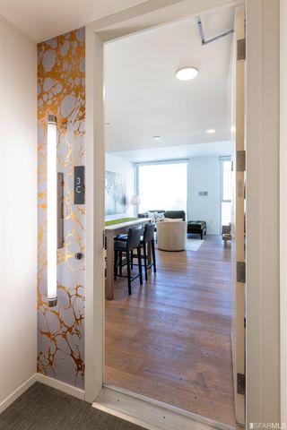a kitchen with a stove and a cabinet