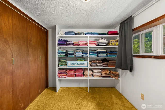 a backyard of a house with plants and large tree