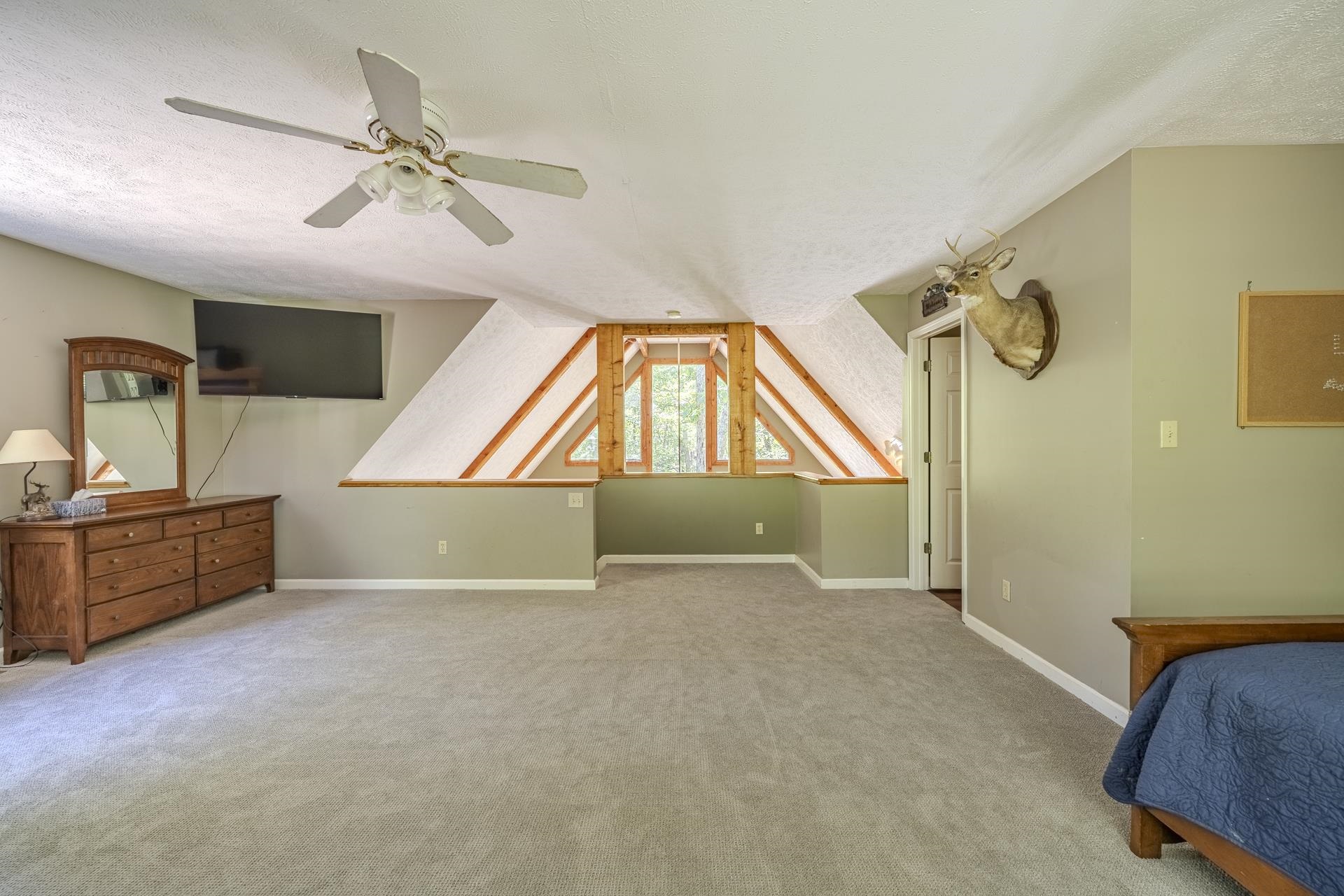435 Murray Lane Counce, TN 38326 - Photo 27 of 34 Spacious carpeted room featuring a ceiling fan, sloped ceilings, and wood-framed windows