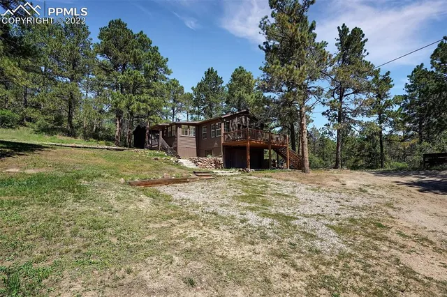 a view of a backyard with large trees
