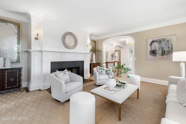 a living room with furniture a fireplace and a potted plant