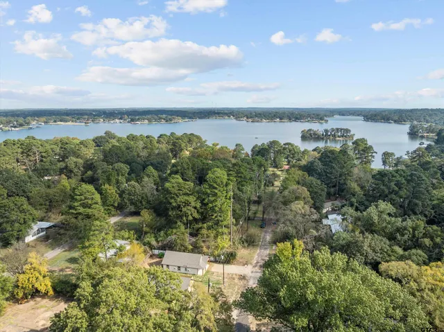 a view of a lake with houses in the back