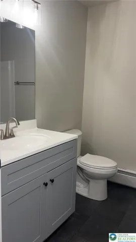 a bathroom with a toilet a sink and mirror