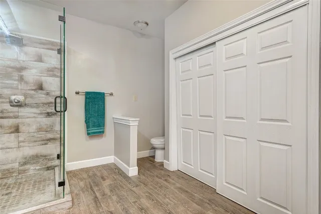 a view of a bathroom with a shower and a toilet