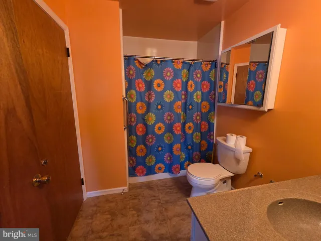 a bathroom with a toilet and shower curtain