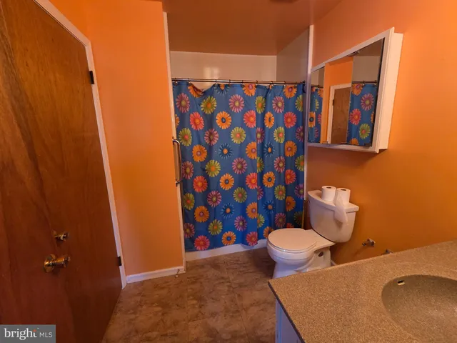 a bathroom with a toilet and shower curtain