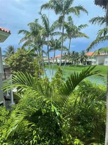 a view of a garden with a fountain