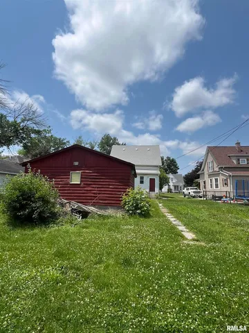 a view of a big yard with potted plants and a large tree